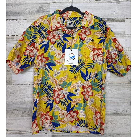Yiume mens small yellow floral hawaiian cotton button up shirt new short sleeve - Picture 1 of 4